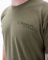 t. Weeyn Backbone Steel in ASCII code men's army green short sleeve tshirt front view close up
