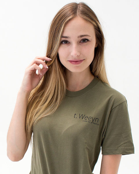 t. Weeyn Backbone Steel in ASCII code women's army green short sleeve t-shirt front view